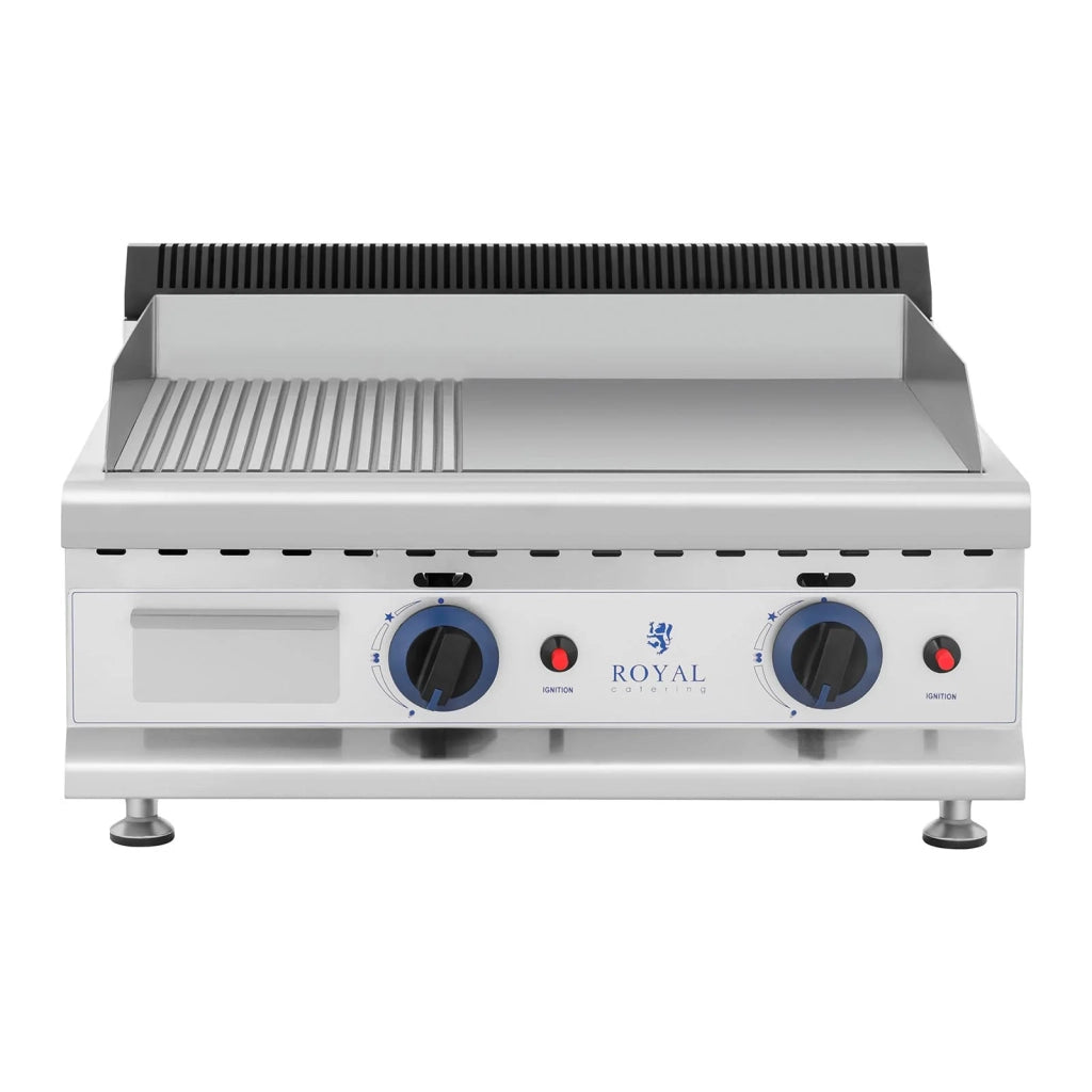 Royal Catering Piastra a gas in acciaio inox Professional Grill 60 cm 2 zone di cottura 2 x 3 100 Watt (piastra 60 x 40 cm 20 mbar gas naturale 50 - 300 °C liscia/scanalata scarico grassi) 14_0004037