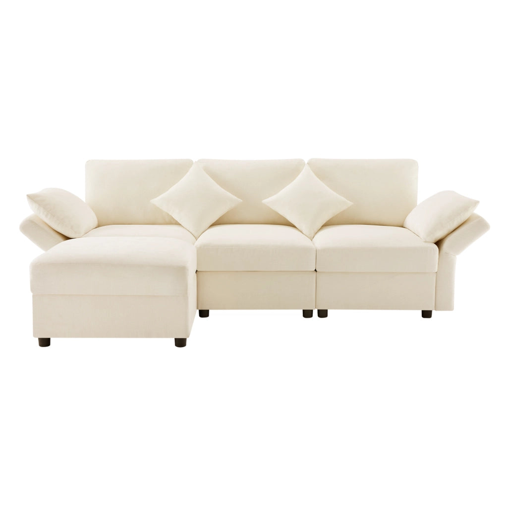 Divano angolare modulare 3 posti con pouf; in tessuto chenille beige; 218x156;5x86 cm