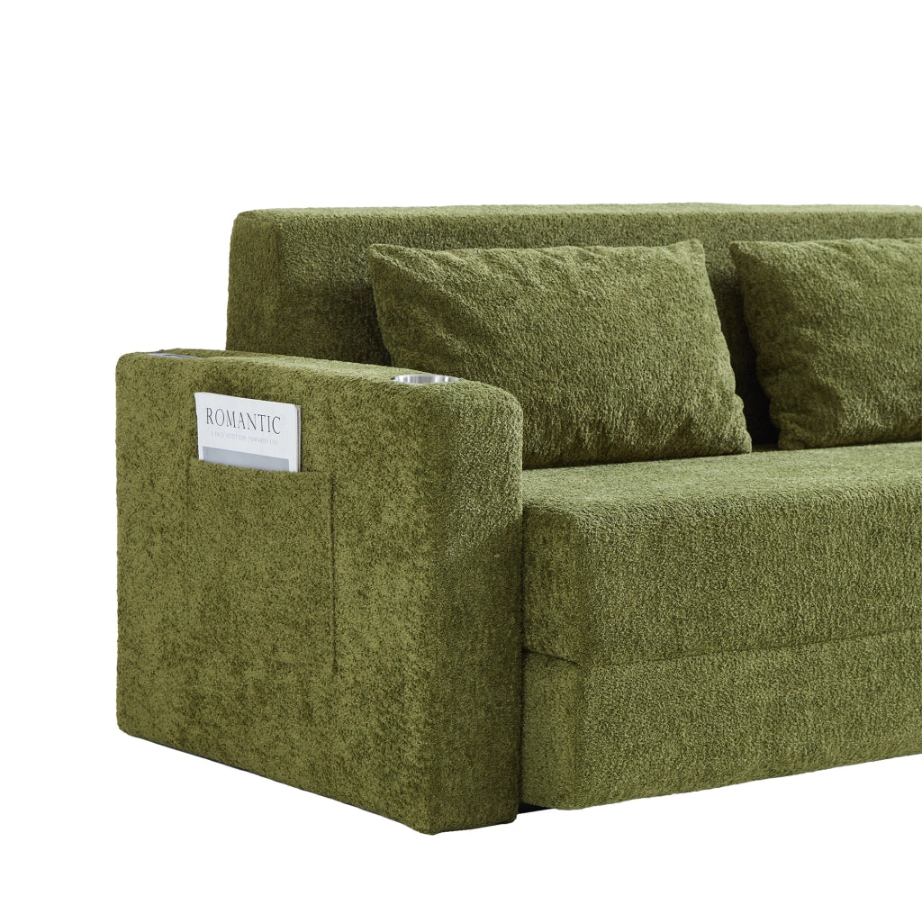 Divano letto 2 posti pieghevole con USB; portabicchieri e tasche laterali; verde