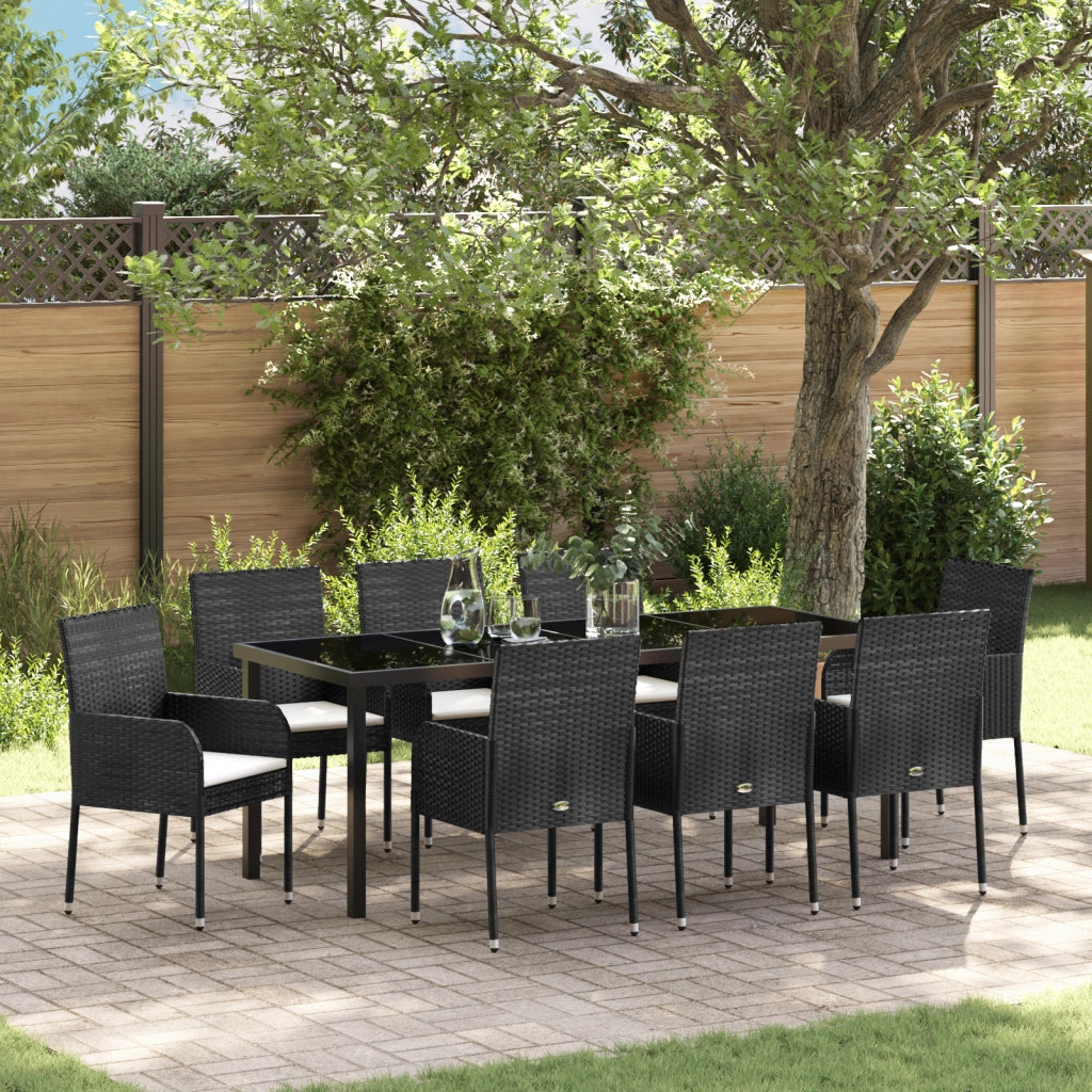 Set da pranzo da giardino in 9 pezzi con cuscini Nero Polyrattan