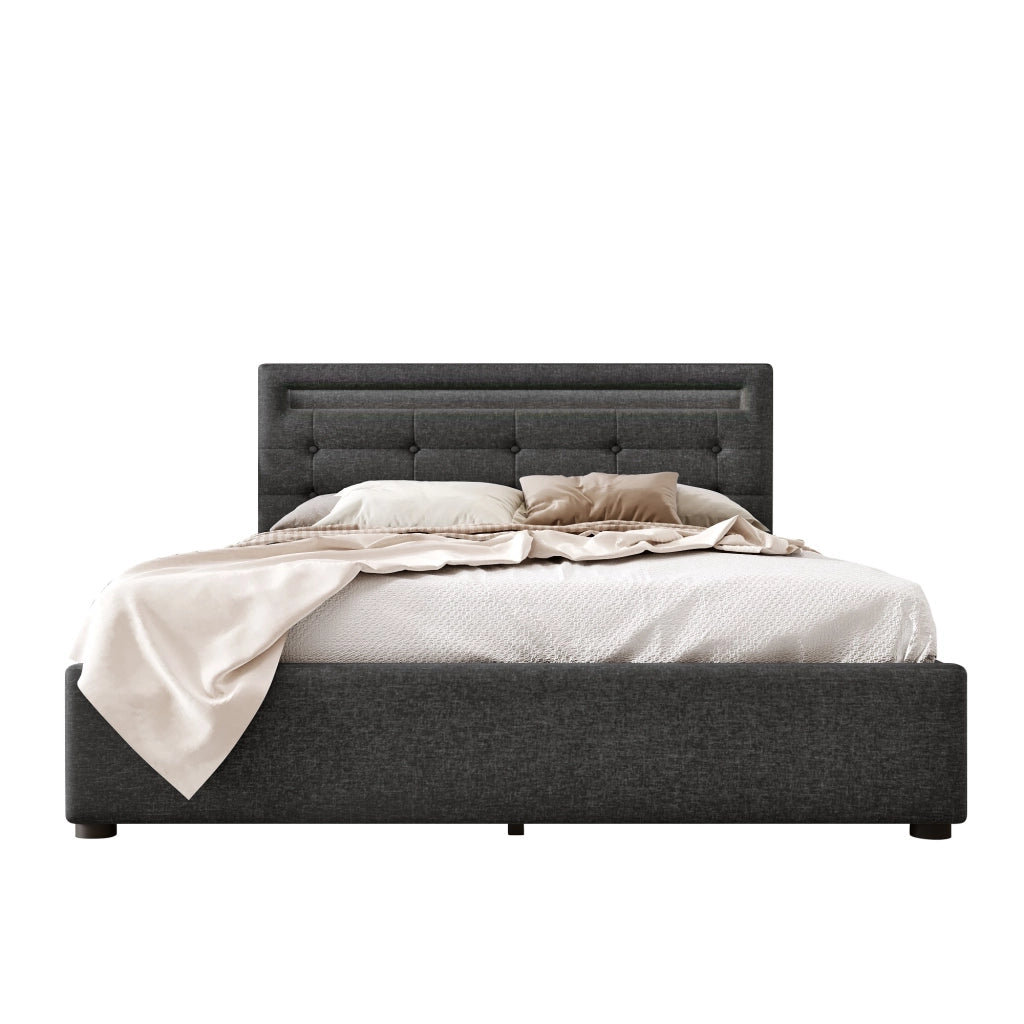 Letto Matrimoniale Imbottito con LED e Cassetti ¨C MINIMAL ¨C Grigio, Testiera Regolabile, Rete a Doghe, 140x200