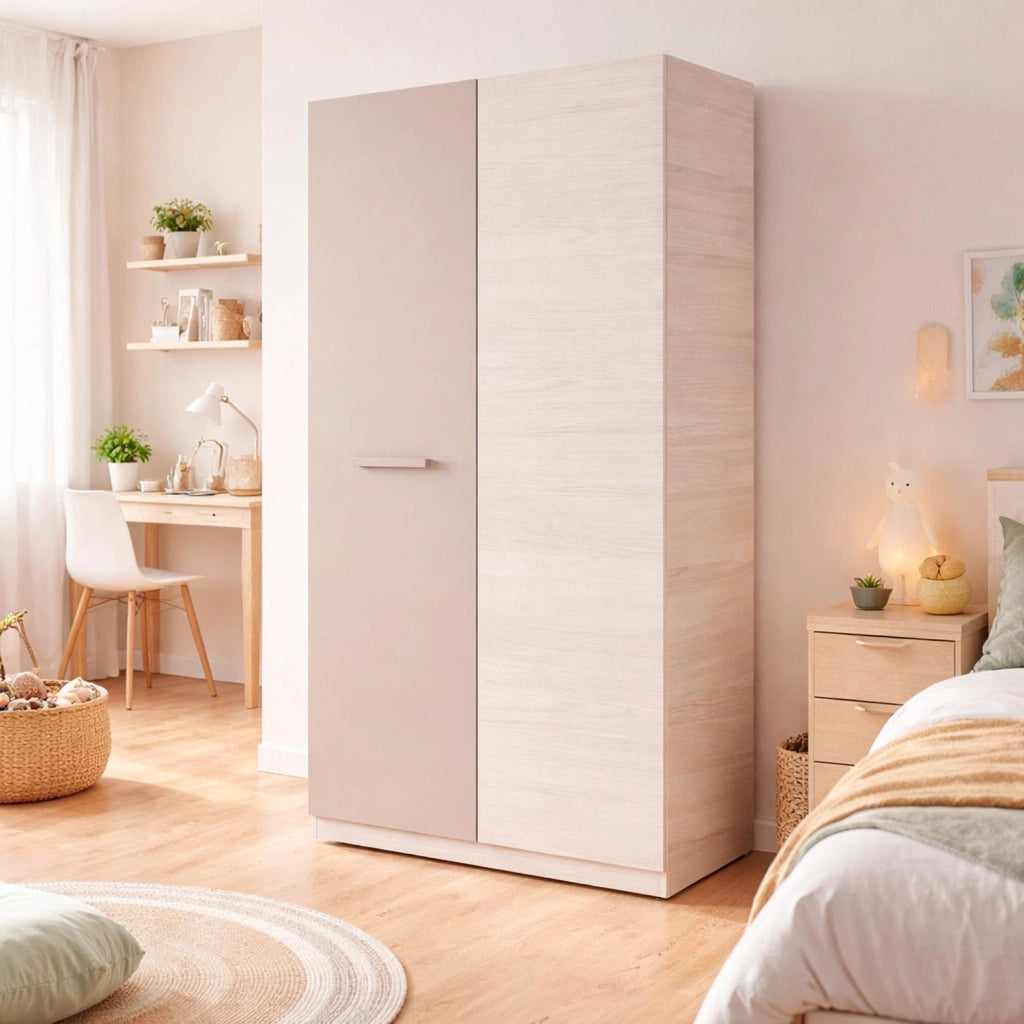 Armadio Guardaroba 2 Ante Battenti Con 3 Scomparti E Barra Appendiabiti Design Moderno Per Camera Da Letto Cameretta 90 X 200 X 52 Cm Beige E Rovere