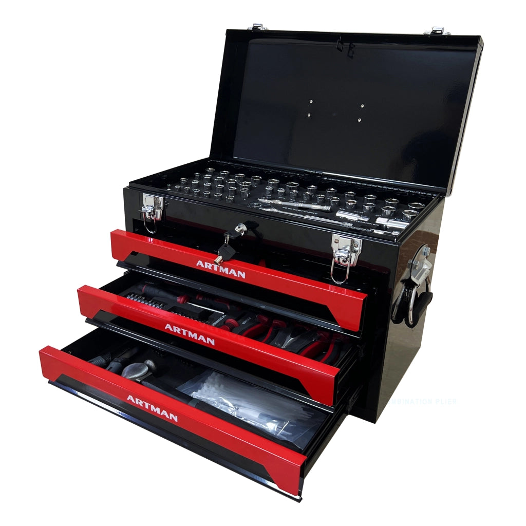 Scaffale in acciaio con 3 cassetti, ripiano e chiusure metalliche per utensili, verniciato a polvere, nero rosso