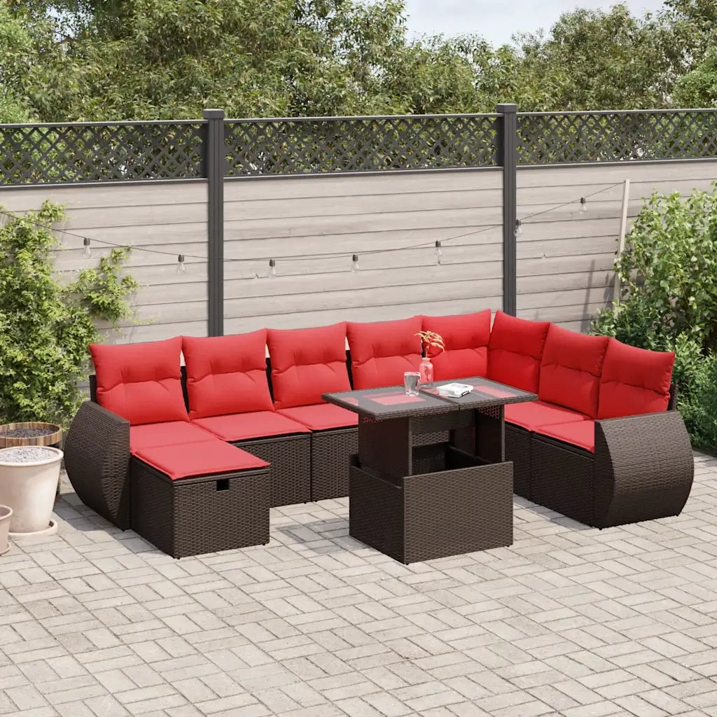Set Divani da Giardino 9 pz con Cuscini Marrone in Polyrattan 3275194