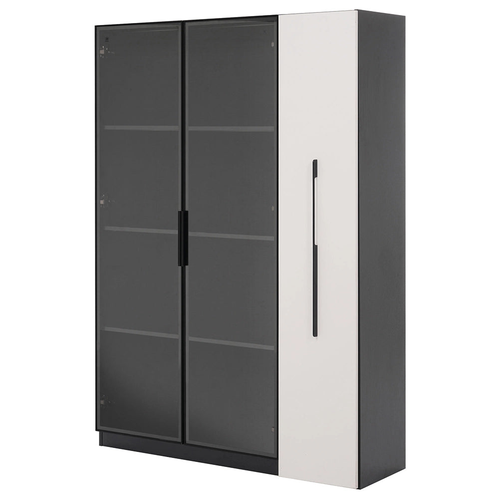 Armadio multifunzionale - Xylo - 110,5x35x160cm - Bianco e nero - Vetrina con porta in vetro e LED, cassetto scorrevole, ruote