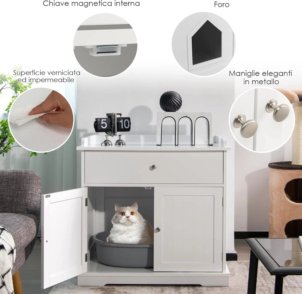 Mobile per Lettiera Gatti in Legno, con Portaoggetti, 2 Ante, Cassetto e Ingresso Laterale, Mobiletto Multiuso per Ingresso e Soggiorno, 76 x 53 x 74 cm, Carico Massimo 30 kg (Bianco)