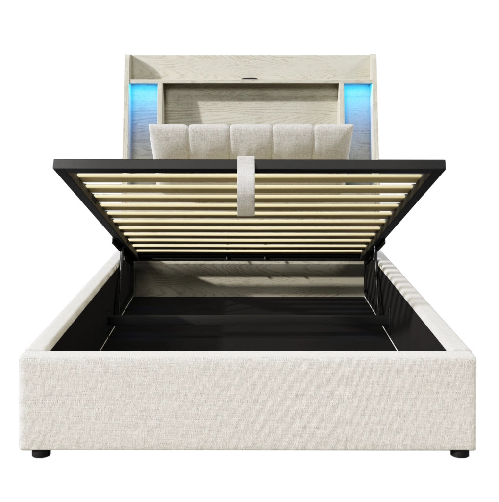 Letto imbottito 90x200 cm con contenitore; USB e USB-C; LED; lino beige