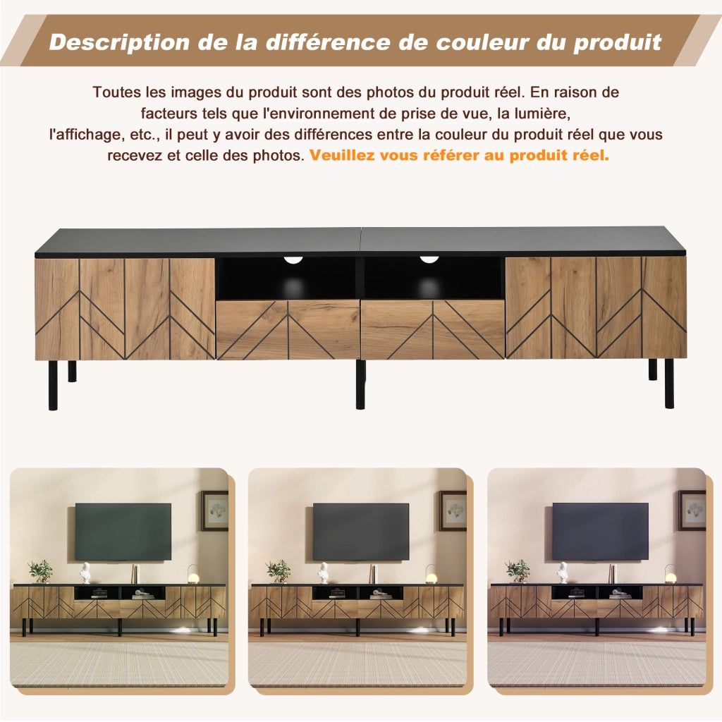 Mobile TV con 2 cassetti e 2 ante; per soggiorno; in pannello truciolare; nero e naturale; 180 × 40 × 45 cm