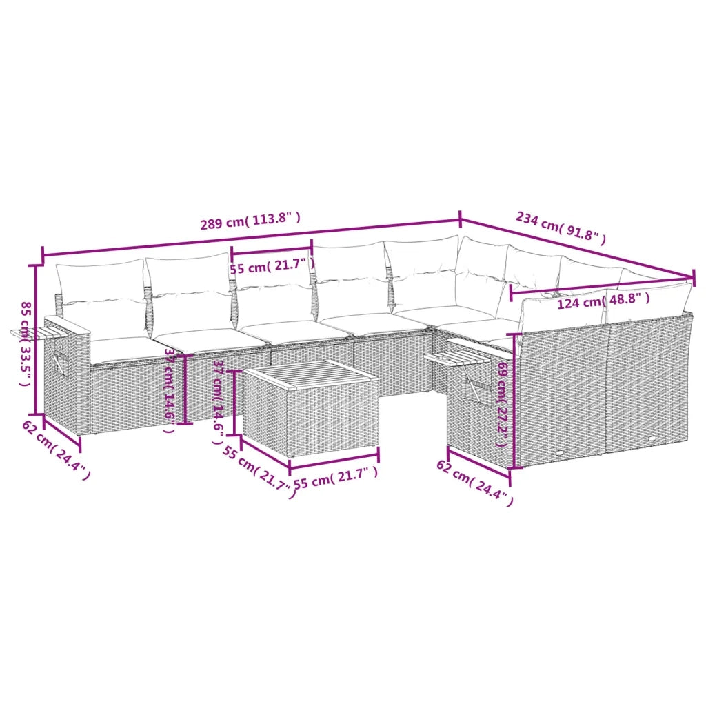 Set Divano da Giardino 10 pz con Cuscini Beige in Polyrattan