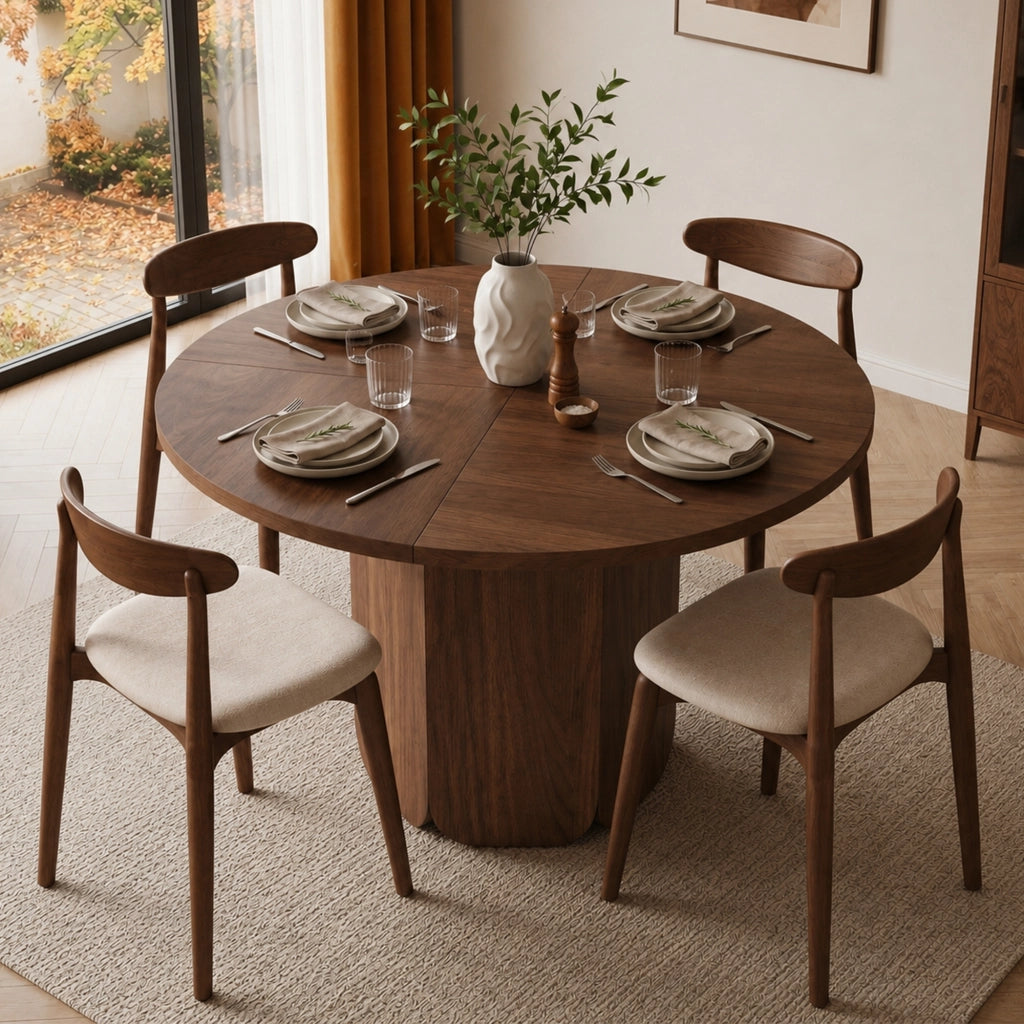 Tavolo da pranzo rotondo 120 cm, colore noce, stile scandinavo, per 4-6 persone