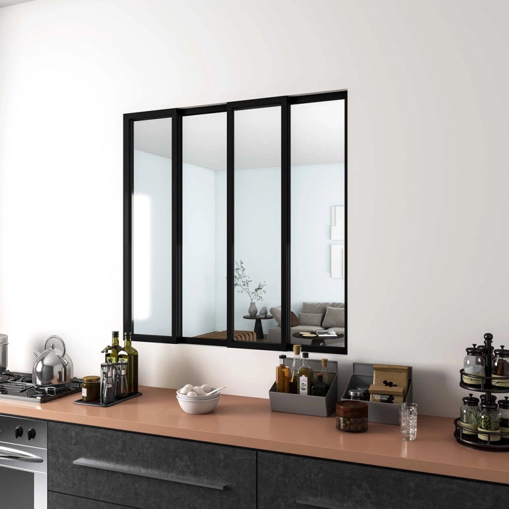 Vetrata Scorrevole Interna 123x108 cm in Vetro Temperato 4 Lastre Corniciate Profilo Nero Opaco Divisorio da Casa