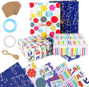 Pacco di carta da regalo per bambini con 5 motivi, 10 fogli da 50 cm - Include etichette, nastri, filo di legatura, nastro adesivo