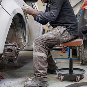 Sgabello per officina con rotelle e altezza regolabile, sedile girevole a 360°, sgabello mobile da meccanico