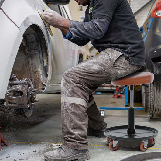 Sgabello per officina con rotelle e altezza regolabile, sedile girevole a 360°, sgabello mobile da meccanico