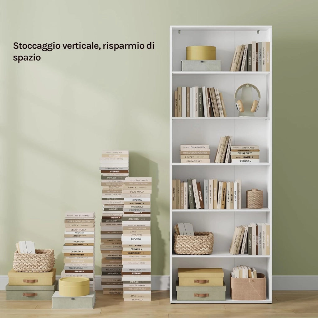 Libreria, scaffale con 6 ripiani regolabili, scaffale aperto, divisorio in piedi, per soggiorno, ufficio, camera da letto, 60 x 180 x 23,5 cm, bianco, SK052ws
