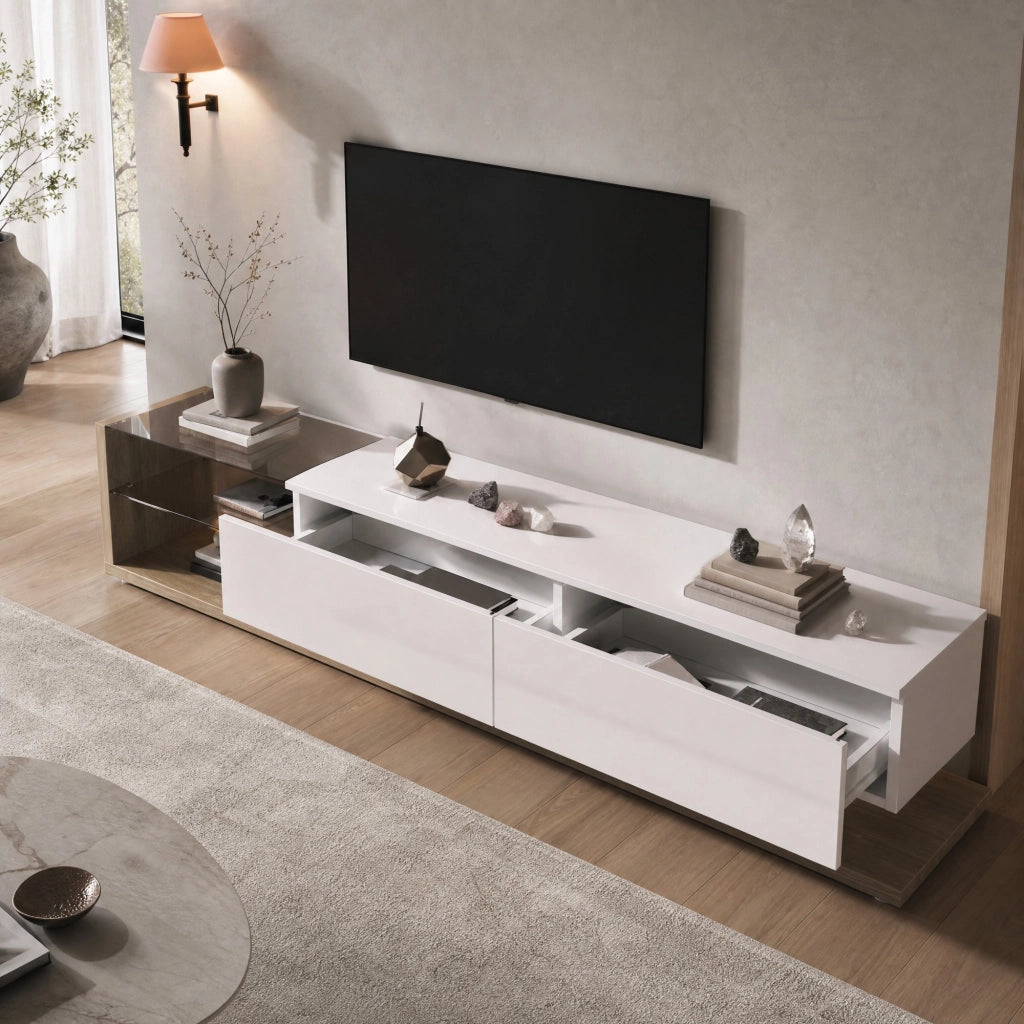 Mobile porta tv con due cassetti e due ripiani in vetro, LED regolabile via app, bianco lucido e legno, 170 × 36 × 38 cm