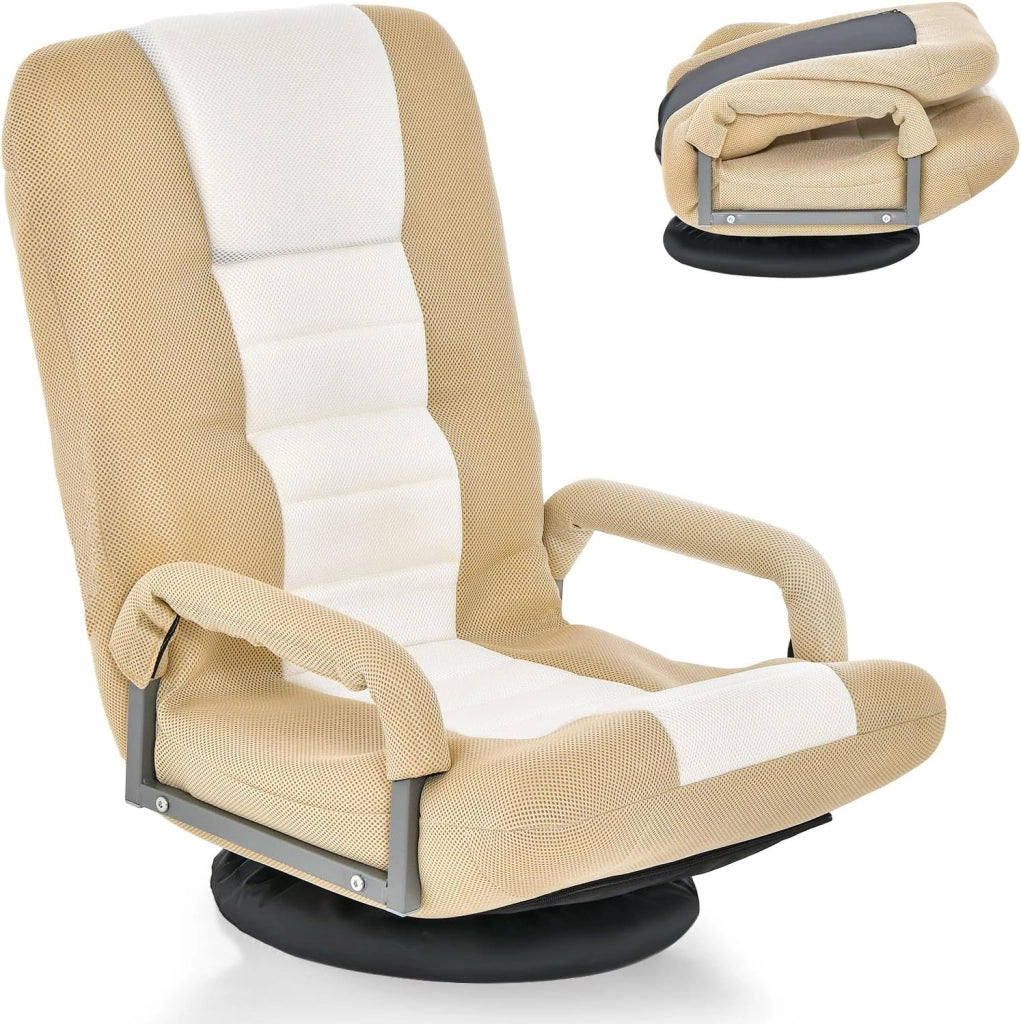 Sedia da Pavimento Pighevole, Sedia da Terra con Braccioli, Poltrona da Yoga Portatile e Girevole, Poltrona con Schienale Regolabile a 5+2 Livelli, Portata 150 kg (Marrone-Beige)