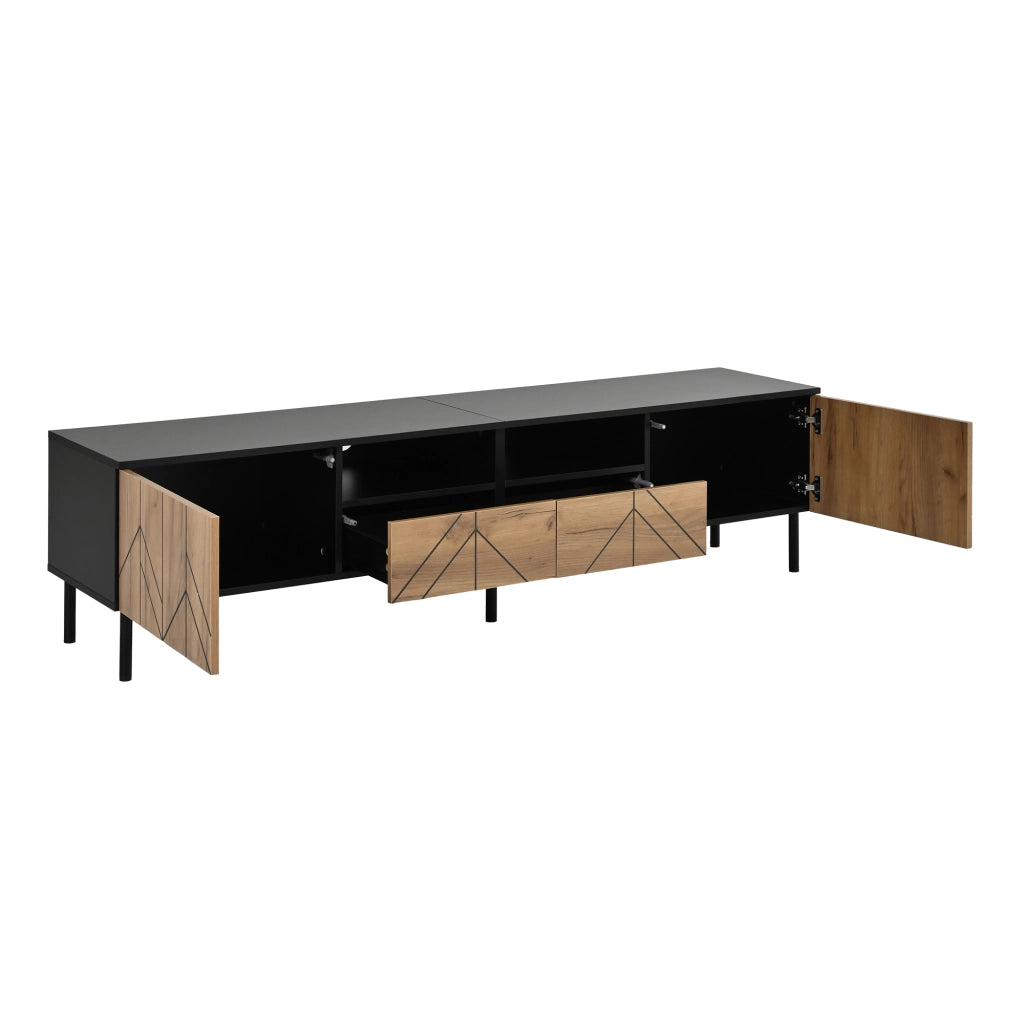 Mobile TV con 2 cassetti e 2 ante; per soggiorno; in pannello truciolare; nero e naturale; 180 × 40 × 45 cm