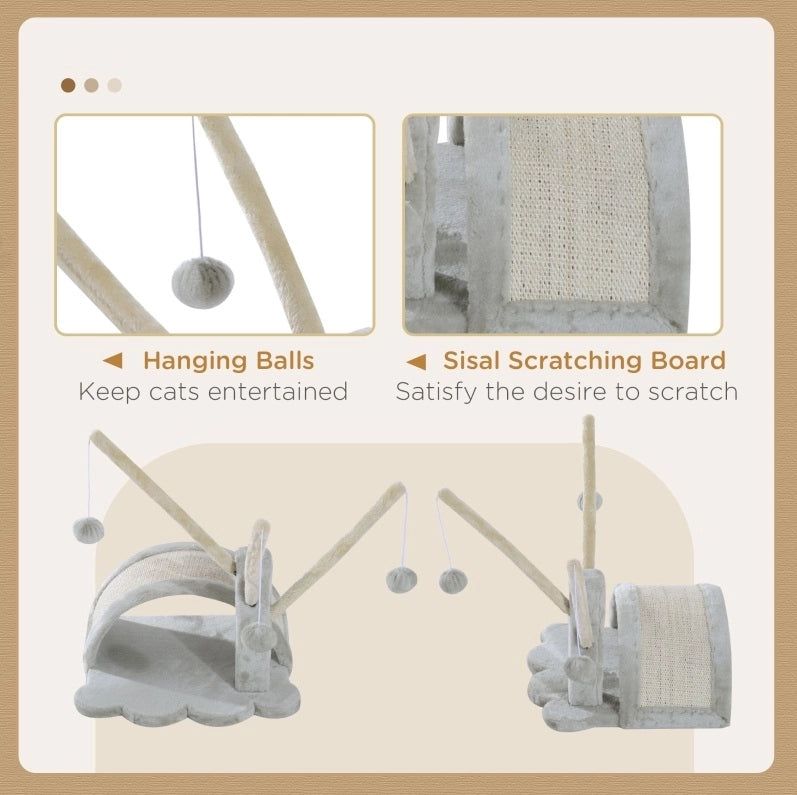 Tiragraffi compatto grigio chiaro con cuccia, pedana e palline