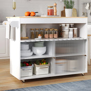Carrello isola cucina pieghevole 122x46/69x91 cm bianco e naturale con ripiani regolabili e ruote