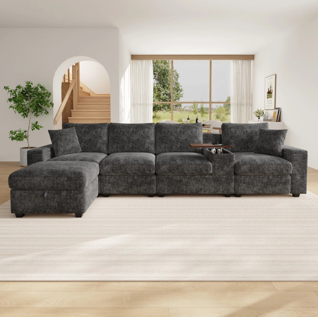 Sofa modulare 5-6 posti con pouf; USB/Type-C; portabicchieri e tavolino girevole 313x147x82 cm; grigio
