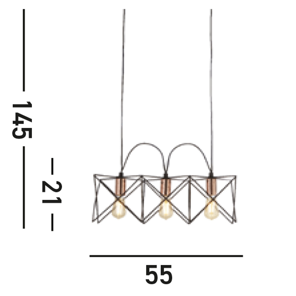 Lampadario Industrial-Nordico Antea Acciaio Nero Rame 3 Luci E27