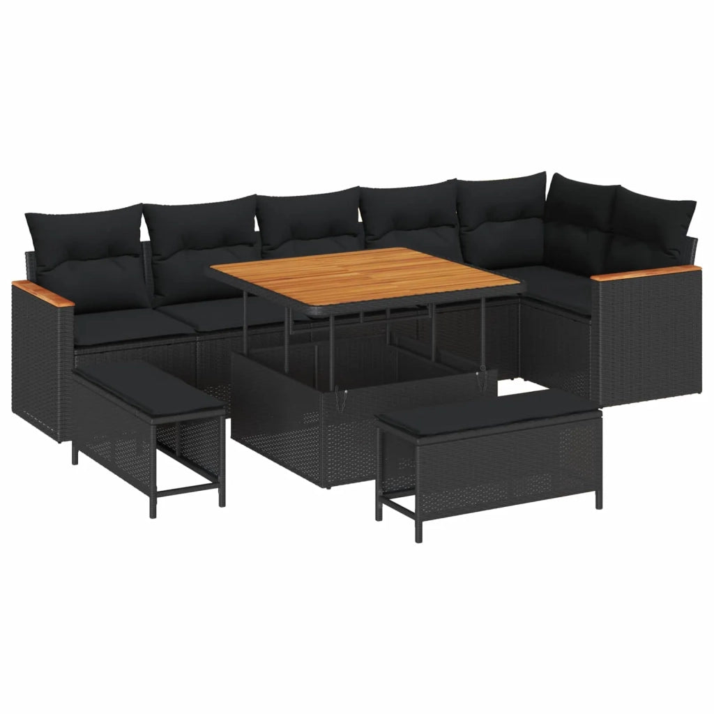 Set Divano da Giardino con cuscino 9 pcs Nero Poly Rattan