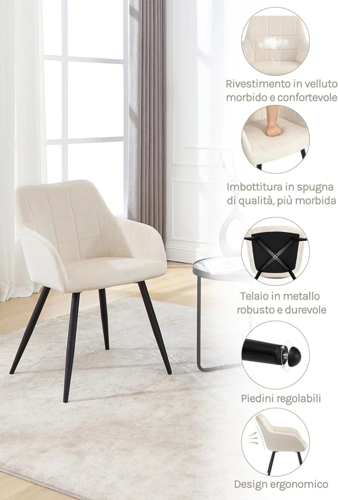 Sedia per Sala da Pranzo Imbottita, Poltroncina in Velluto,Sedia da Cucina con Braccioli e Schienale, Gambe in Metallo, moderne,Crema, BH93cm-1