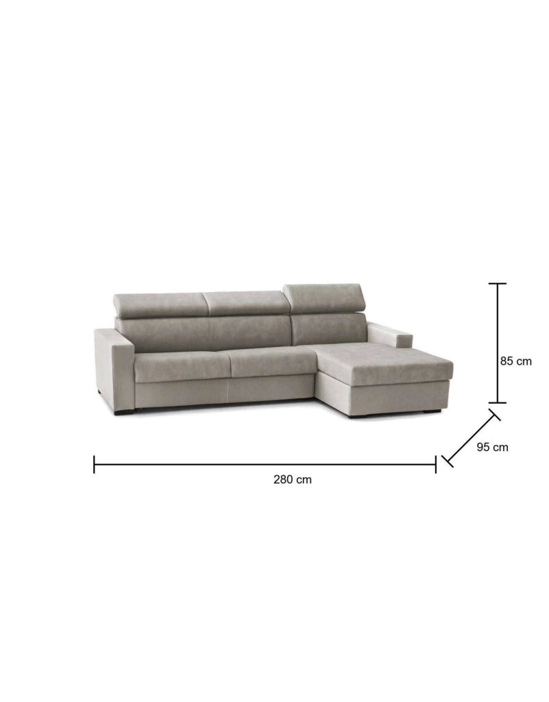 Divano fisso Angera, Divano ad angolo, Made in Italy, SofÒ  Soggiorno con chaise longue, in tessuto imbottito - Penisola contenitore Destra, con Braccioli slim, cm 280x95h85, Tortora
