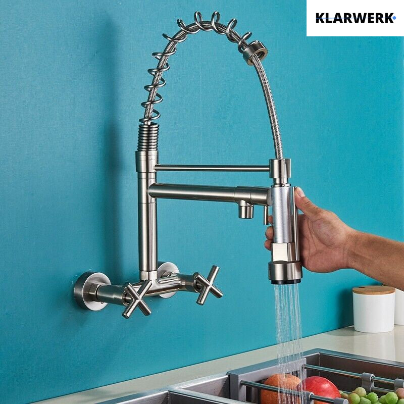 Bjorn | Rubinetto da parete gastronomia argent Rubinetto cucina professionale in acciaio inox con due doccette|doppio lavello da parete ristorante