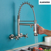 Bjorn | Rubinetto da parete gastronomia argent Rubinetto cucina professionale in acciaio inox con due doccette|doppio lavello da parete ristorante