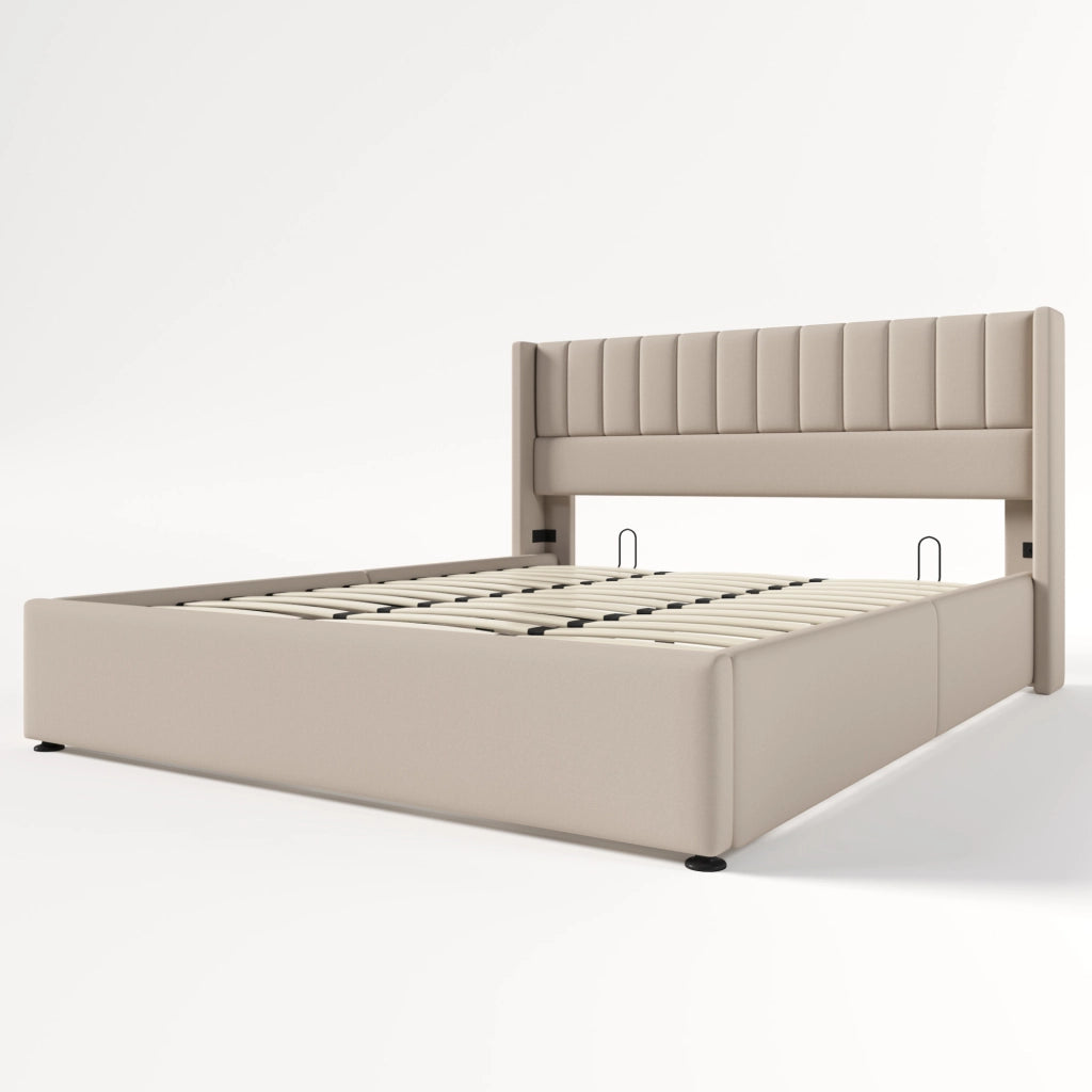 Letto matrimoniale contenitore 180x200 cm con rete sollevabile; in lino beige