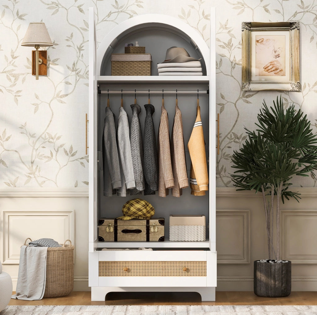 Armadio a 2 ante con 2 cassetti e vano capiente 70 x 55 x 170 cm; effetto rattan; bianco
