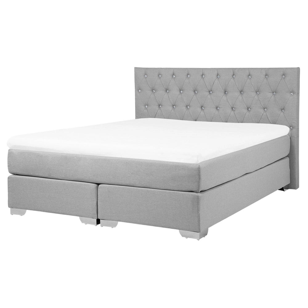 Letto Grigio 160 x 200 cm Tessuto Imbottito Struttura Con Materasso E Bottoni Poggiatesta Trapuntati