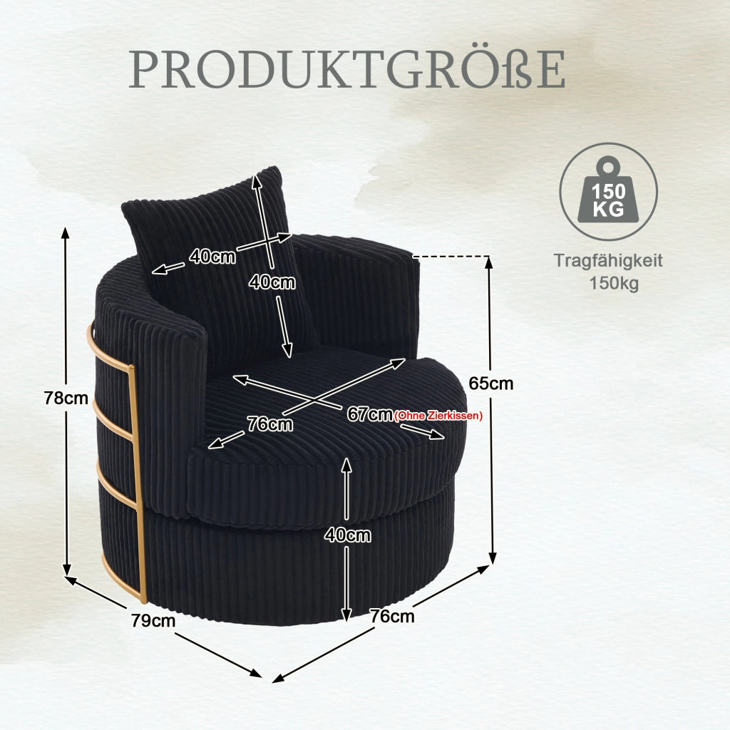 POLTRONA girevole 360° con vano contenitore 76x79x78 cm in velluto a coste nero