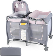 5 in 1 Culla Campeggio Bambini, Lettino Viaggio Neonati Pieghevole con Materasso, Fasciatoio, Box Portatile con Ruote, 2 Giocattoli e Carillon, per Bambini 0-3 Anni (Rosa)