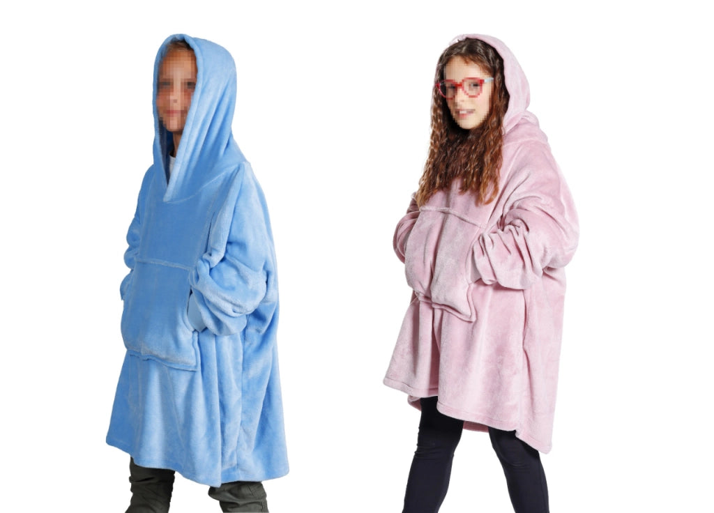Felpa Plaid Bambini Coperta Calda Inverno Con Tasca Cappuccio Tinta Unita Brighton - Felpone - Azzurro