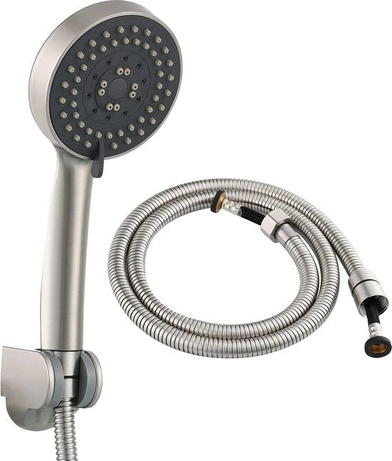 Douche a mano con 5 tipi di getto, materiale plastico, risparmio d'acqua, con tubo e supporto, finitura nickelata