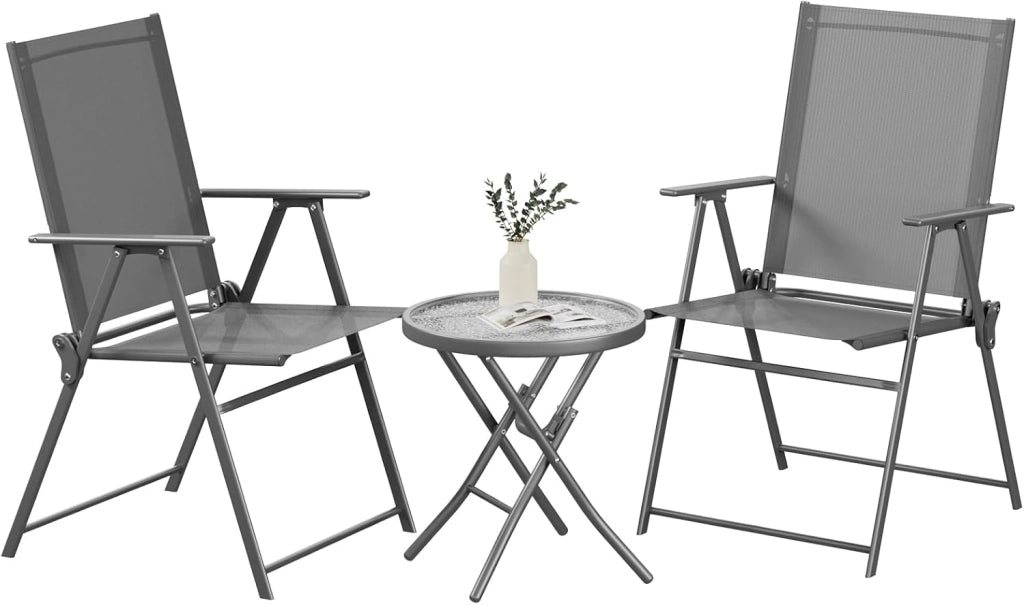 Set balcone 3 pezzi, Set Bistrot in metallo con 2 sedie pieghevoli e 1 tavolo pieghevole in vetro, Mobili da giardino pieghevoli,Gruppo di seduta per esterni per balcone piccolo,Nero