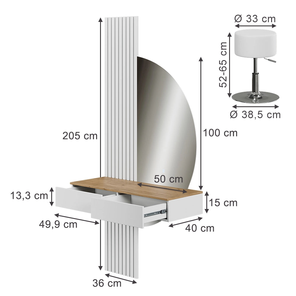 Vicco Tavolo da toeletta Bianco/quercia 100 cm con specchio LED e sgabello