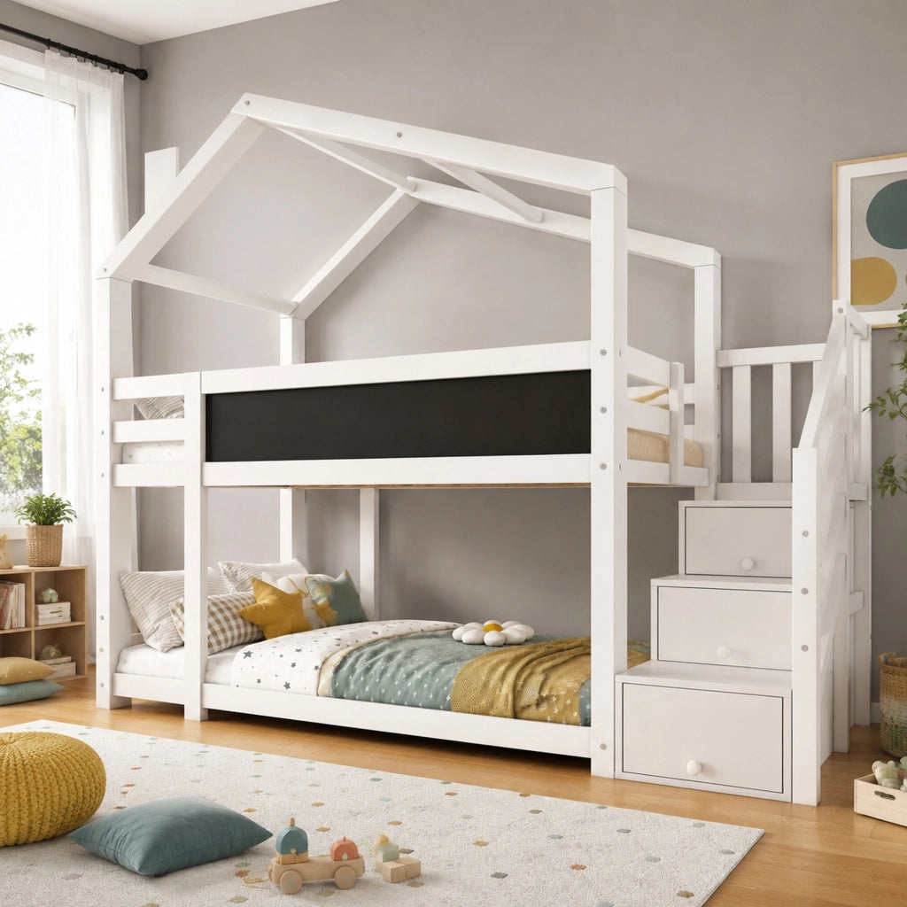 Letto a castello per bambini 90x200 cm in legno massello di pino e MDF; bianco; con lavagna e scala contenitore