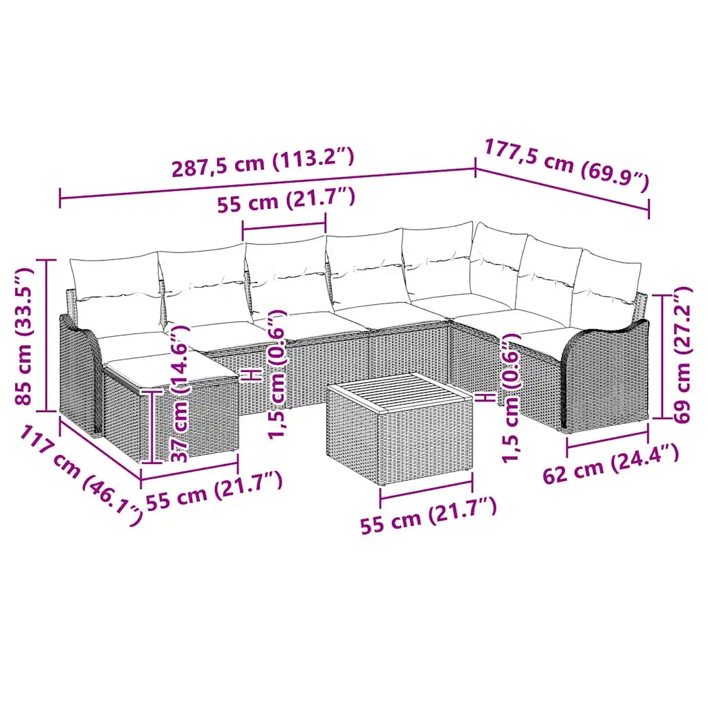 Set Divano da Giardino con cuscino 9 pcs Grigio polyrattan 3347489