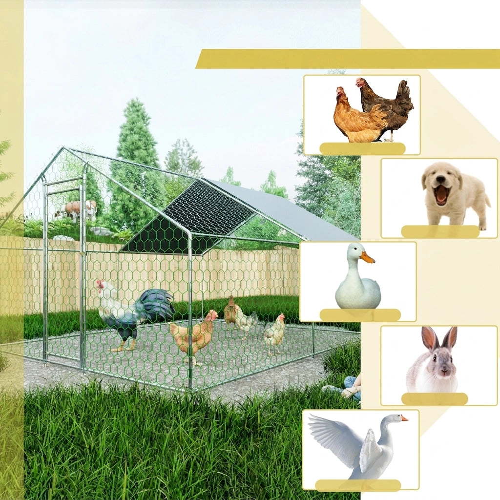Pollaio in Metallo 3×4×2 m; Grande Recinto per Galline da Esterno con Telo Impermeabile UV; Porta con Serratura e Rete Protettiva