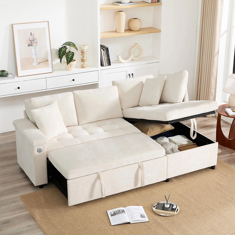 Divano angolare moderno - Xylo - Letto convertibile, USB, beige