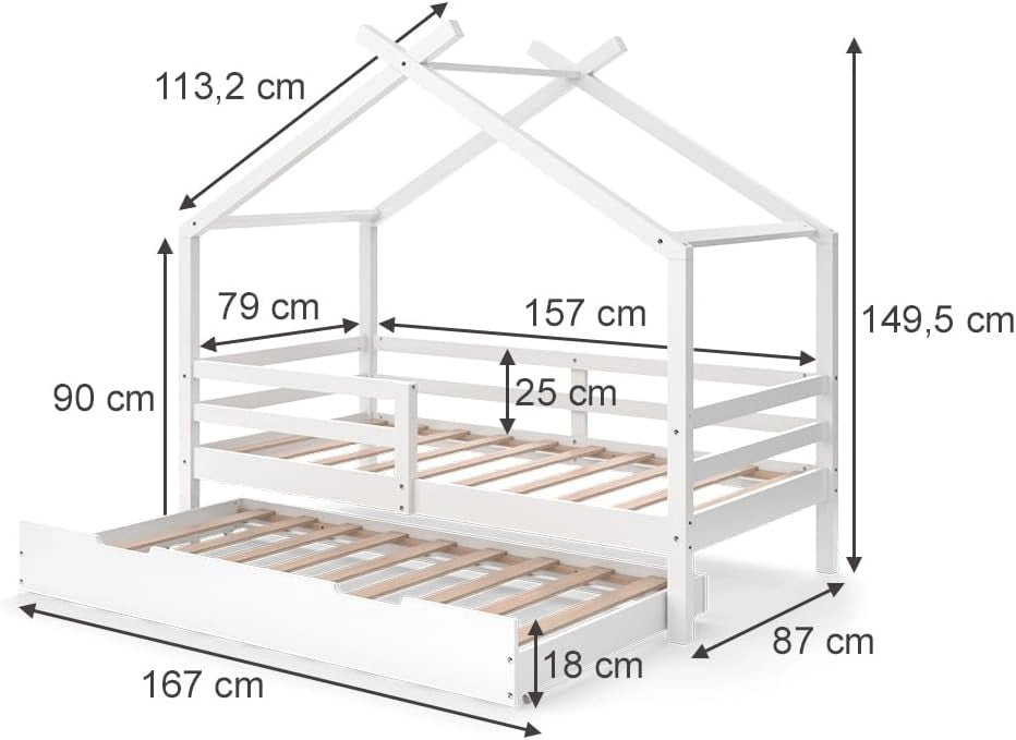 Letto montessori bambini Luni, Bianco, 160 x 80 cm Con letto ospite estraibile e materassi, come una piccola casa per un'atmosfera calda