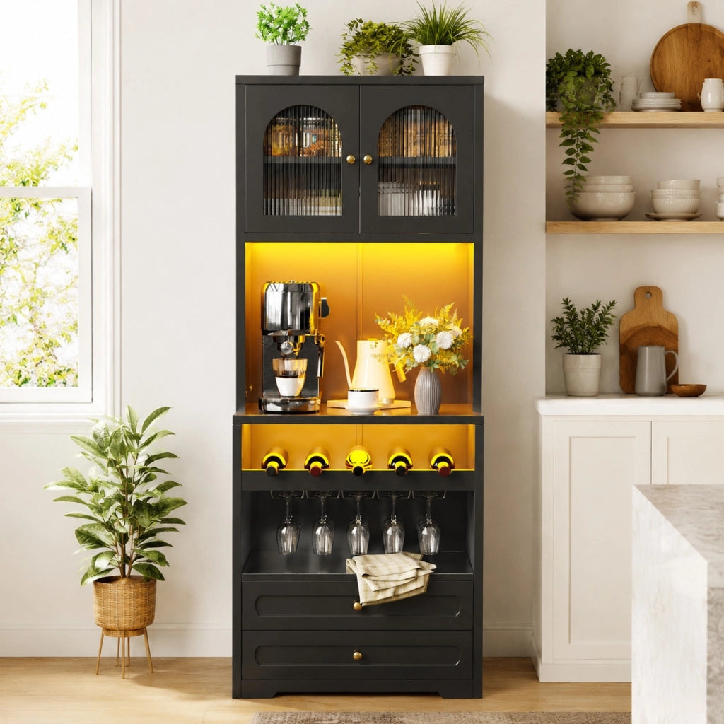 Mobile alto da cucina nero con LED smart, portabottiglie e USB