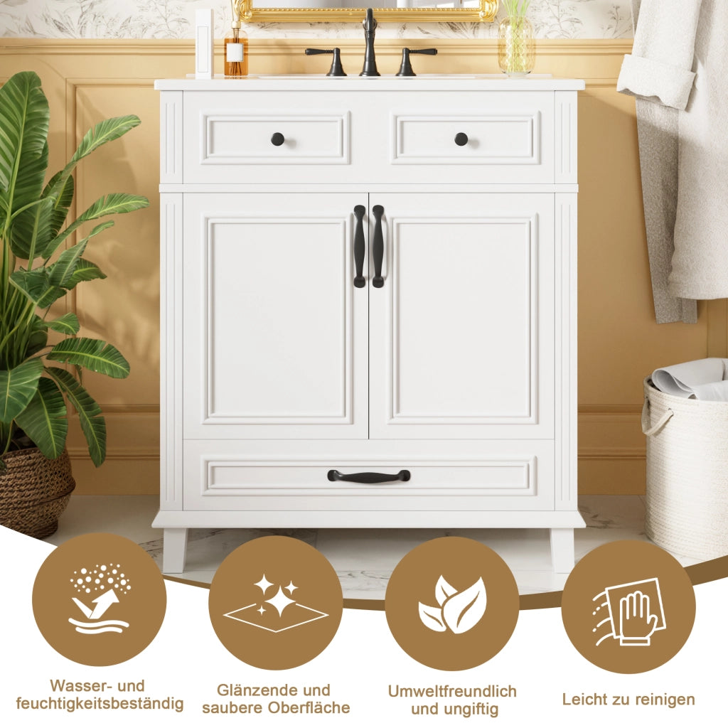 Mobile sottolavabo con lavabo in ceramica, 2 ante e 9 vani, per bagno, in MDF, bianco, 77 × 46 × 86 cm