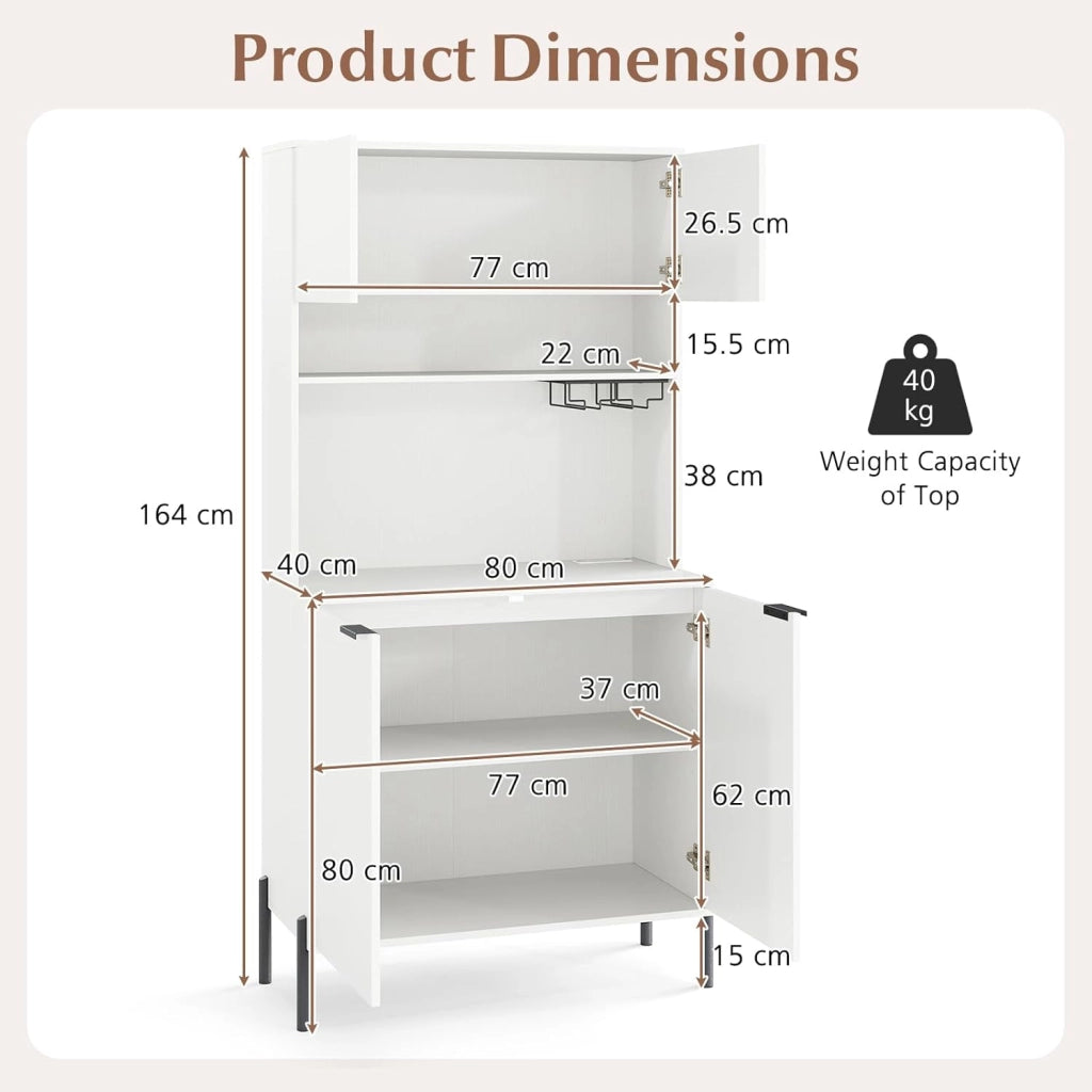 Armadio da cucina con piano di lavoro, armadietto a buffet con stazione di ricarica, buffet da cucina con porta bicchieri da vino e scaffale regolabile, multiuso, 80 x 40 x 164 cm