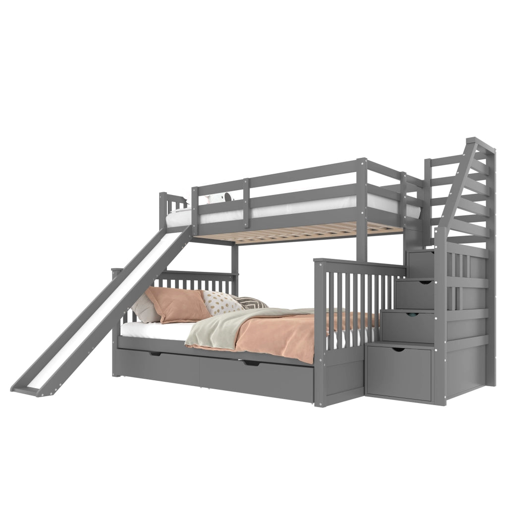 Letto a castello ULEVR 90x200 e 140x200 cm con scivolo, scale e cassetti, grigio