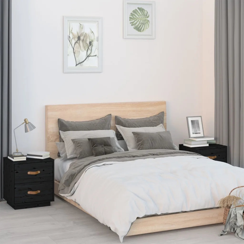 Set di 2 Comodini | Armadio da Notte | Mobiletto da notte Neri 40x34x45 cm in Legno Massello di Pino